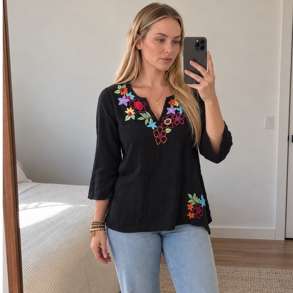 New Direction Womens Floral Embroidered Blouse L Black Cotton Boho Cottage Artsy